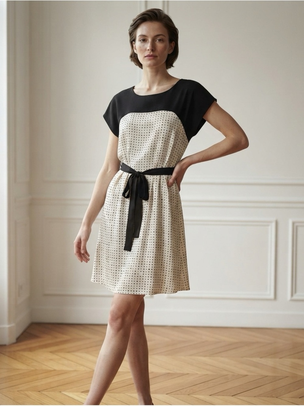 Black and Cream Polka Dot Short Dress with Belt
